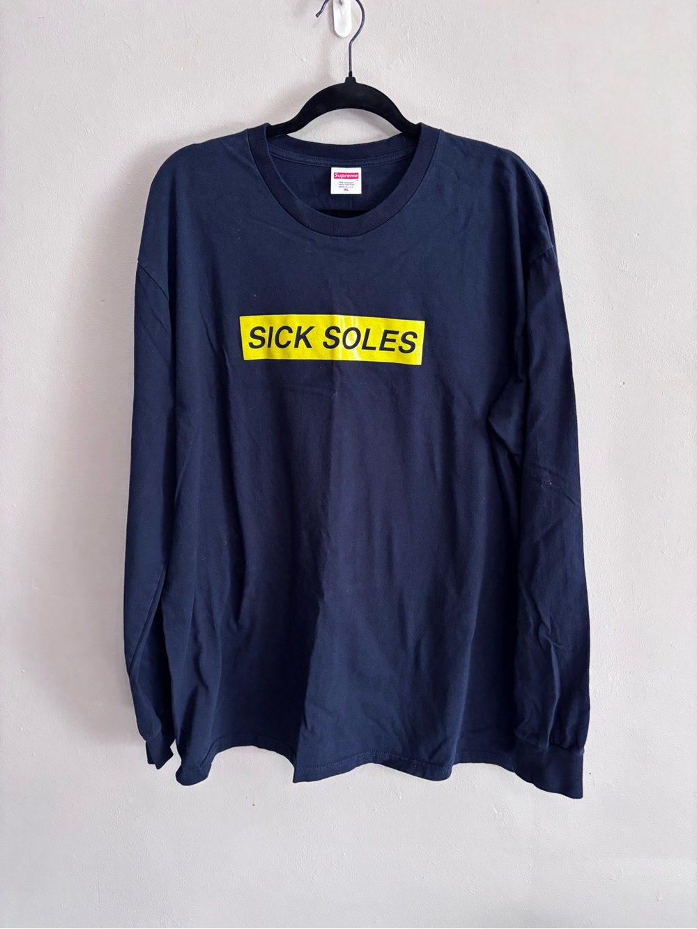 Supreme Navy Long Sleeve Tee with Yellow "SICK SOLES" Box Logo